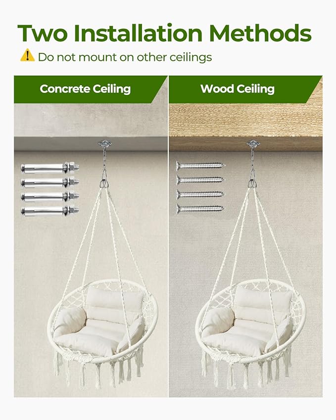 Greenstell Hammock Chair, Macrame Swing Chair with Comfy Cushion, Boho Hanging Chair for Outdoor & Indoor, Perfect for Bedroom, Patio, Balcony, Hold up to 350Lbs, White Greenstell