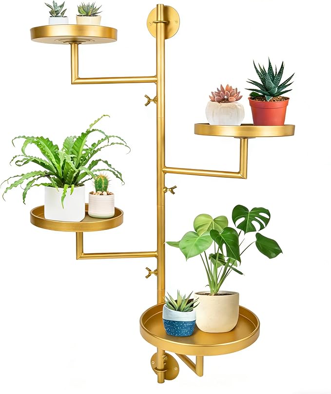 Rotating Window Plant Shelves with Adjustable Knobs, 4 Tiers Metal Wall Shelf for Plants Indoor, Sturdy Hanging Plant Holder, Window Wall Decor & Gardening Gifts (Golden) Rootora