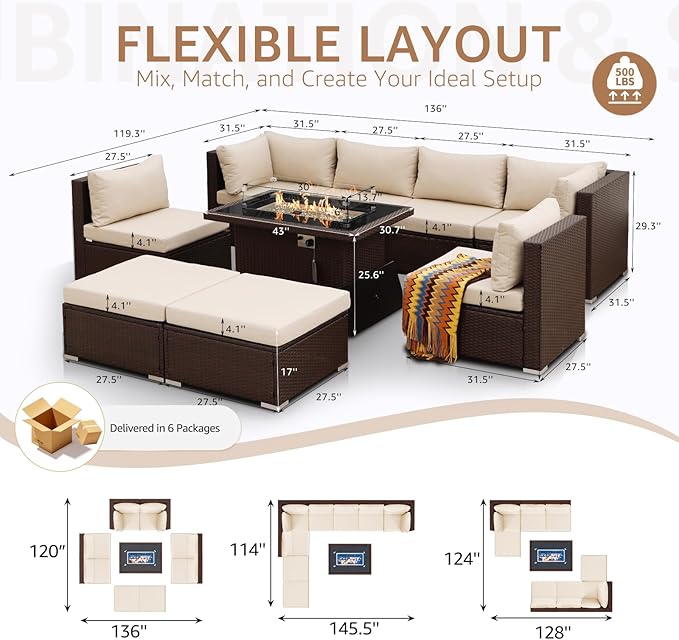 NICESOUL 29.3'' High Back Outdoor Patio Sectional Furniture with Firepit Table Natural Gas & Propane Convertible, 8 Seater Deep Wide Modern Couch, Extra Large Wicker Conversations for Backyard, Brown NICESOUL