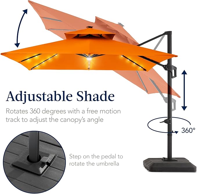 Best Choice Products 12x12ft LED Cantilever Patio Umbrella w/Base Included & 360° Rotation, Large Solar Offset Hanging Outdoor Sun Shade for Deck, Backyard Table w/Stand & Lights – Orange BestChoiceProducts