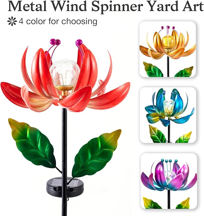 Solar Lights Outdoor Wind Spinners, Metal Lotus Flower Garden Decor with Waterproof LED Crackle Glass Globe for Patio Lawn Yard Outdoor Decor SUCUY
