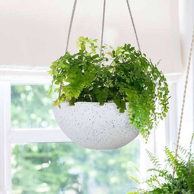 LA Jolie Muse Hanging Planters for Indoor Plants - Flower Pots Outdoor 9.84 inch Garden Planters and Pots,Speckled White Set of 2 LaJol%C3%ADeMuse