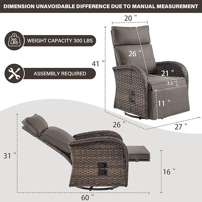 Swivel Outdoor Recliner Chair Set of 2 - Reclining Patio Chair with Adjustable Backrest and Footrest, All-Weather Wicker Chaise Lounge Chair Outdoor for Pool Deck (Upgraded 2.0) Belord