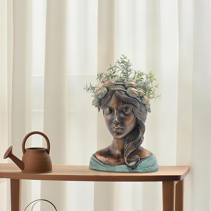 DiliComing Head Planter Face Plant Pots - 10 Inch Flower Pot Succulents Large Outdoor Planters Indoor with Drainage Resin Lady Black Statue for Garden Home Decor Porch Gift for Plant Lovers DiliComing