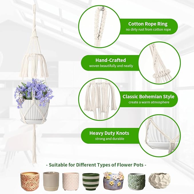 Macrame Plant Hangers, 5Pack Hanging Planters for Indoor Plants w/ 5 Set Hooks Handmade Cotton Rope Hanging Plant Holders Plant Hanger Indoor for Boho Home Decor (Planter Pot Not Included) TAOZIM