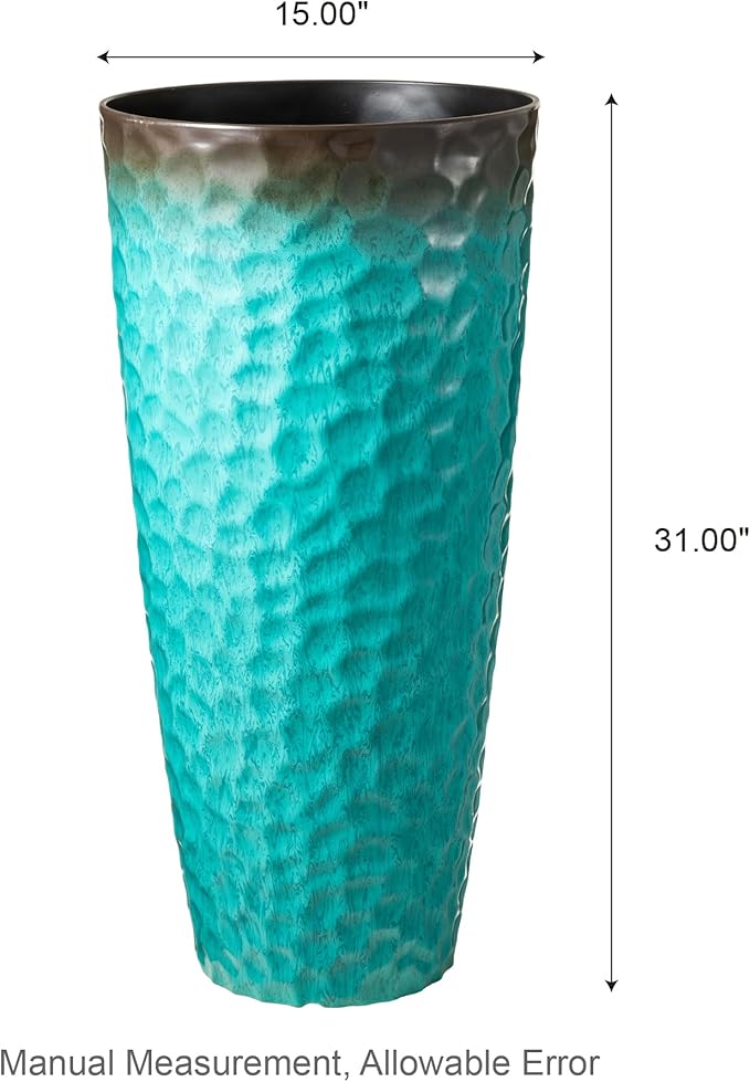 Glitzhome 31" H Oversized Tall Planter, Set of 2 Honeycomb Textured Gradient Turquoise Plastic Tall Outdoor Planters with Drainage Holes, Round Large Flower Pots for Indoor Outdoor Front Door Patio Glitzhome