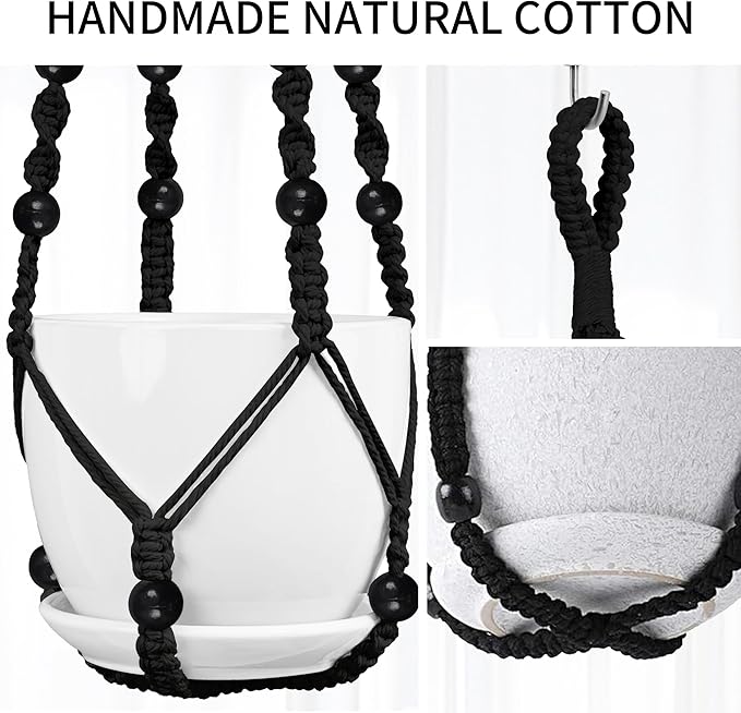 Macrame Plant Hanger - Fits 4 to 15 inches Pots for Indoor Outdoor, 43"/35"/29" Different Sizes Set, Black (POTS NOT Included) IDEEEPAN