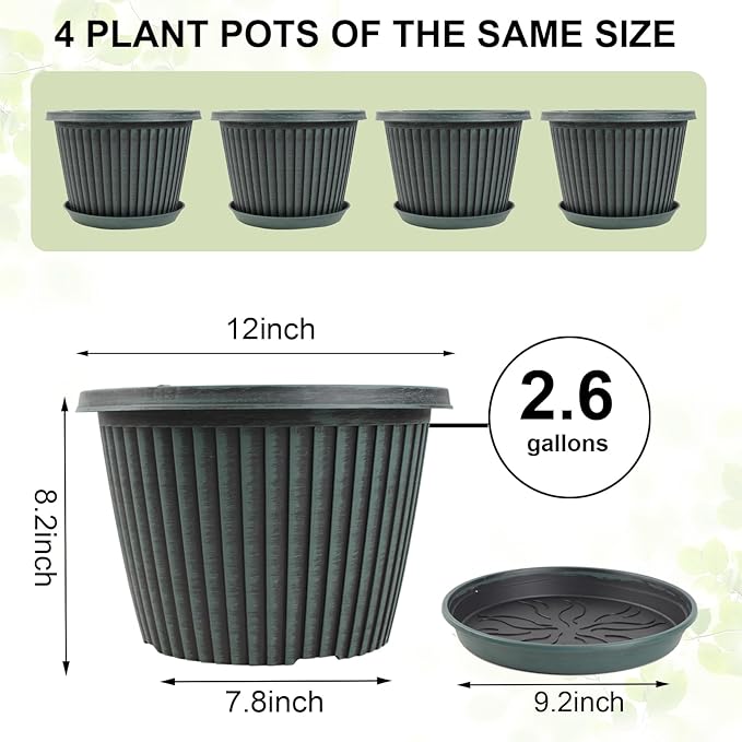 Large-Planter-Indoor-Outdoor Plant Pots, 12 inch 4 Pack Plastic Flower Pots with Saucer And Drainage Holes, Modern Garden Planters For Planting Medium Large Plants, Decorative Resin Garden Pots Myfeegoin
