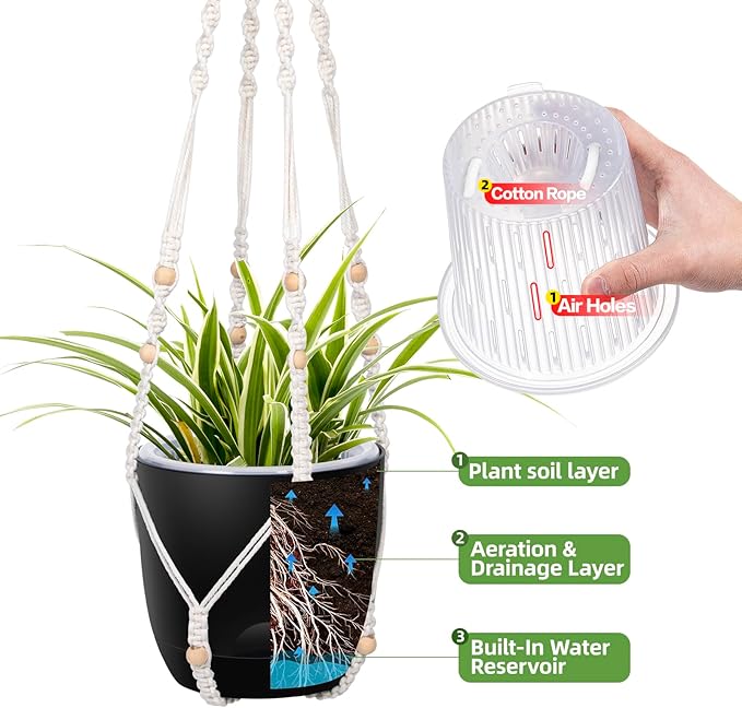 2-Pack 7.1-Inch Self-Watering Hanging Planters for Indoor & Outdoor Plants,34Inch Macrame Hanger Plant Pots Indoor with Drainage,Small Hanging Planters & Baskets,With Two Sets of Hooks（Pure black） QCQHDU