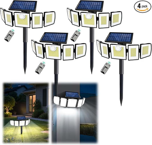 Solar Lights Outdoor Waterproof Motion Sensor - 416 LEDs 3000 Lumens Super Bright 3 Brightness 3 Modes 2400mAh 360° Illumination 32ft Solar Flood Security Light for Outside (with Stakes, 4) MDCMDCMSolarLightsOutdoor