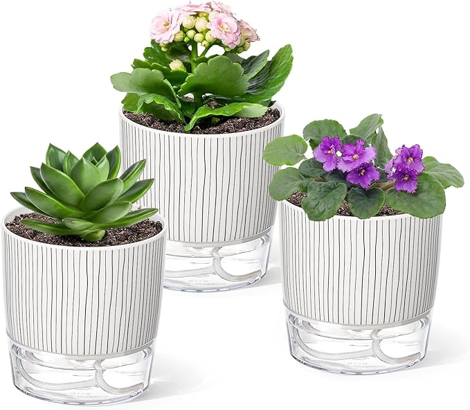 3 Pack Self Watering Pots Set, 4 Inch Self Watering Pots for Indoor Plants, Planter Pot with Wick Rope and Reservoir for African Violet, Spider Plant, Orchid Rootora