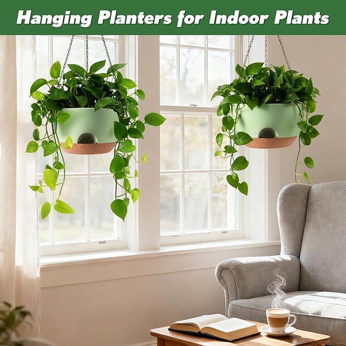 4-Piece Set of 8-Inch Hanging Planters with Automatic Watering System and Drip Tray, Includes Metal Chain, Suitable for Various Indoor and Outdoor Plants and Flowers, Green-Brown Rootora
