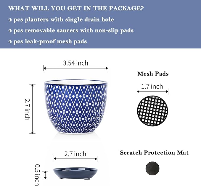 Selamica Ceramic Succulent Pots with Drainage Holes, Small Flower Pots 3.5 Inch Plant Pots for Indoor Plants with Saucers, Cactus Succulent, Home Decor, Set of 4, Vintage Blue Selamica
