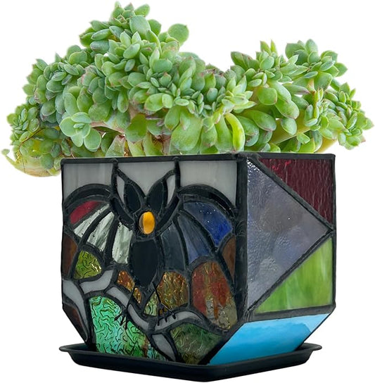 Stained Glass Bat Planter with Drainage Holes, Cute Planter Pots for Indoor Plants, Halloween Stained Glass Bat Decor, Bat Suncatcher Flower Pot, Bat Gifts 4.6x5.15x3 in Entlityful