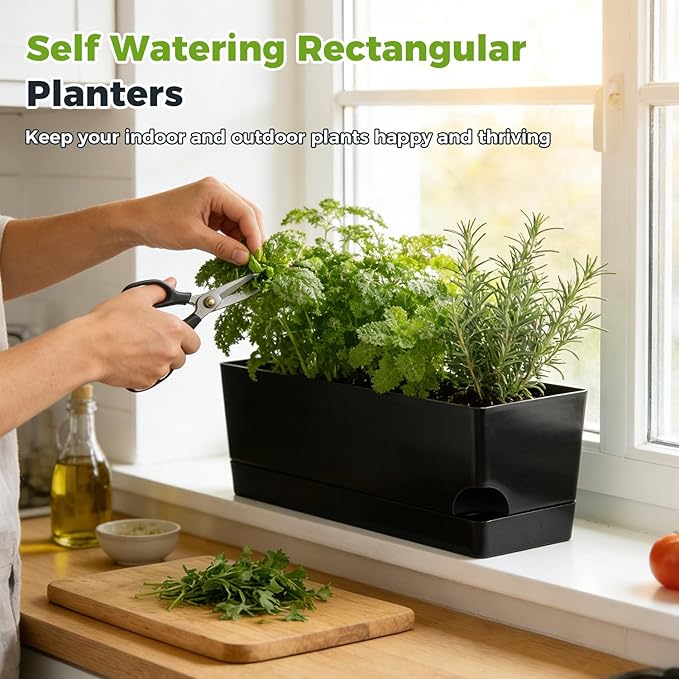 Self Watering Pots for Indoor Plants 17 Inches Window Boxes Planters Rectangular Flower Pots Rectangle Herb Pots Large Plant Pots with Drainage Holes and Saucers Windowsill Planter (4, Black) KvyusFlourish