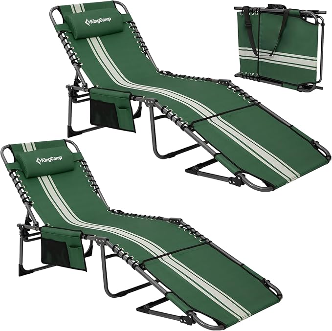 KingCamp 2 Pack Folding Lounge Chair Outdoor, Tanning Chair with Face Hole Comfy Adjustable 5-Position Foldable Chaise Chaser Lounger for Outside Beach Patio Sun Bathing Pool, Green/White KingCamp