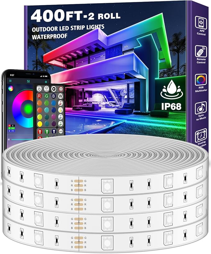 AILBTON 400FT Outdoor LED Strip Lights Waterproof,IP68 Outside Led Light Strips Waterproof with Bluetooth App Remote Control,Music Sync RGB Exterior Led Rope Lights,for Balcony,Deck,Roof,Garden,Pool AILBTON