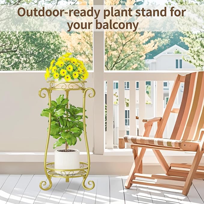 LASZOLA 2 Tier Gold Metal Plant Stand for Multiple Large Planters Indoor Outdoor Organizer, Heavy Duty Tall Flower Stand for Corner Patio Bathroom Office, Modern Sturdy Vertical Iron Rack, Cat Proof LASZOLA