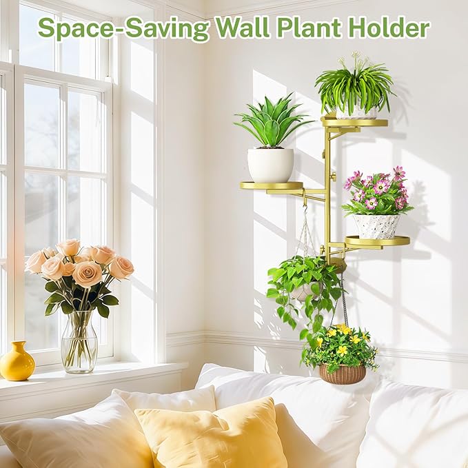 iDavosic.ly Rotating Window Plant Shelves, 3-Tier Metal Wall Stand with 2 Hooks, Flower Display Holder Rack for Living Room, Space Saving, Gold (Pots/Chains/Plants Not Included) iDavosicly
