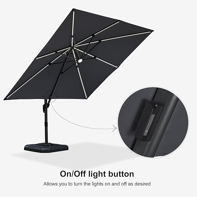 PURPLE LEAF 10 Feet Patio Umbrella Outdoor Cantilever Solar Powered LED Square Umbrella Aluminum Offset Umbrella with 360-degree Rotation for Garden Deck Pool Patio Light Grey PURPLELEAF