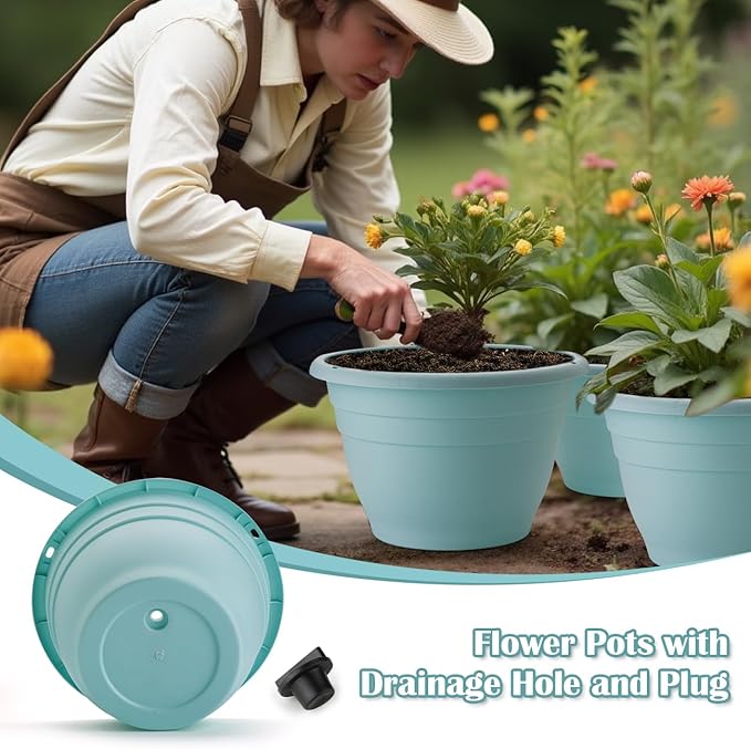 3 Pack 11 Inch Plant Pots with Drainage Hole and Plug, Durable Plastic Flower Pots for Indoor & Outdoor Plants, Elegant Mordern Plant Pots Perfect for Herbs, Flowers & Succulents, Blue RooTrimmer
