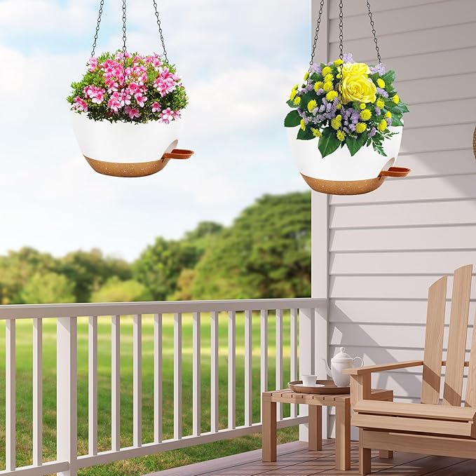 10 inch Hanging Planters for Indoor Plants, 3 Pack Self-Watering Hanging Planter Pots with Chain and Drainage Holes, Outdoor Hanging Baskets for Garden Home Decor (White With Brown, 3pcs/10inch) Rootora