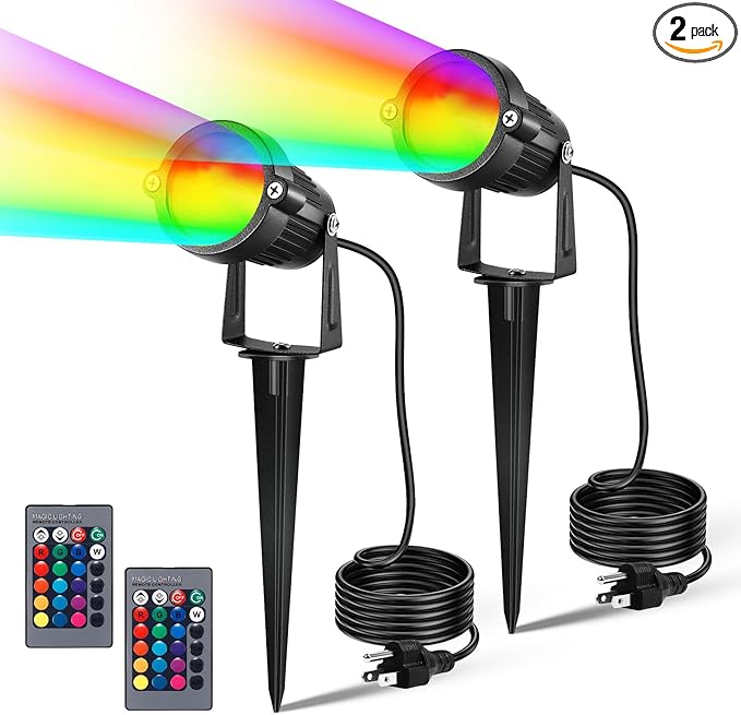 LemonBest Landscape Lighting - 6W RGB Color Changing Halloween Landscape Lights 120V Christmas Outdoor LED Spotlight with Remote Control Waterproof Spot Lights for Yard Garden Patio Driveway (2 Pack) LemonBest