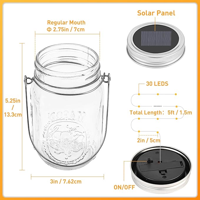 GIGALUMI Solar Mason Jar Lights, 12 Pack 30 Led String Fairy Lights Garden Lights Outdoor Waterproof Metal Lid Hanging Solar Lanterns for Outdoor, Garden, Patio, Lawn, Balcony Decoration GIGALUMI