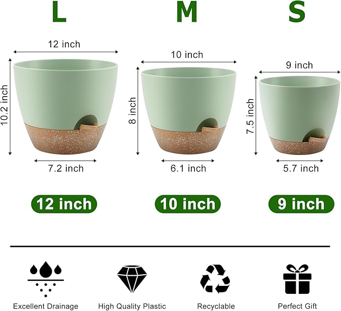 Plant Pots 12/10/9 Inch Self Watering Pots, Set of 3 Plastic Planters with Drainage Holes and Saucers,Plastic Flower Pots,Nursery Planting Pot for Indoor Out Door Plants(Green) QRRICA