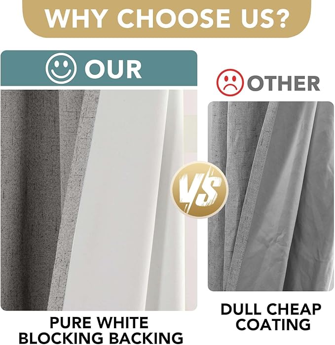 H.VERSAILTEX Primitive Linen Curtains 100% Blackout Curtain Drapes Burlap Curtains with White Thermal Insulated Liner, Grommet Top Drapes Living Room/Bedroom (2 Panels, 42 x 45 Inch, Dove Gray) HVERSAILTEX