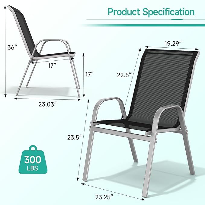 Patio Chairs Set of 6, Easily Set Up Stackable Outdoor Dining Chairs with High Back and Wide Seat, All Weather Breathable Outdoor Chairs Set of 6 with Metal Frame for Backyard Deck Pool, Black Dovov