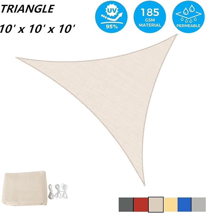AsterOutdoor Sun Shade Sail Triangle 10' x 10' x 10' UV Block Canopy for Patio Backyard Lawn Garden Outdoor Activities, Cream AsterOutdoor