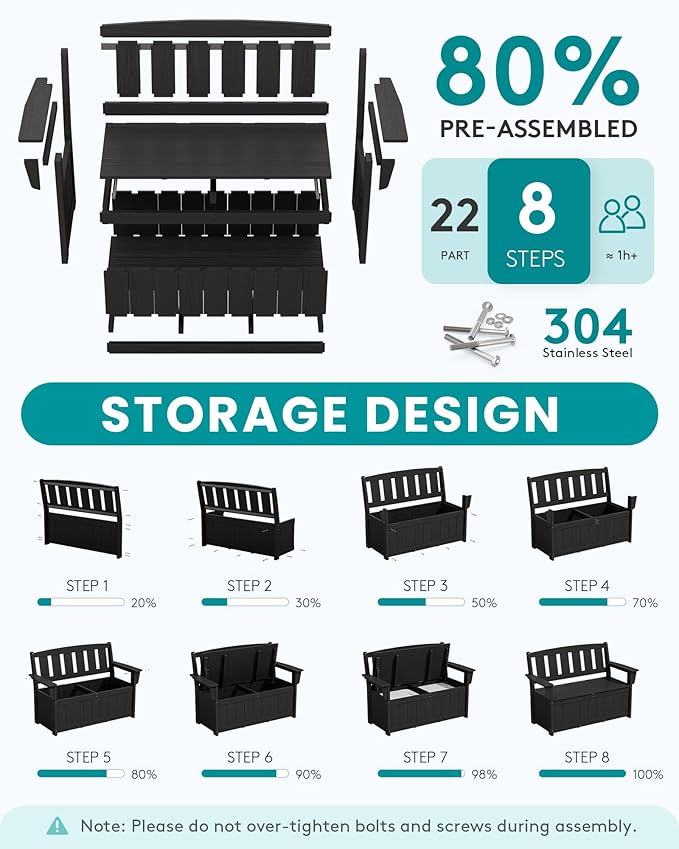 SERWALL HDPE Outdoor Storage Bench, All-Weather, UV-Resistant Deck Box with Waterproof Storage Bags, 57 Gallon Dual-Use Seat & Organizer Deck Boxes for Patio, Garden Tools & Pool (Matte Black) SERWALL