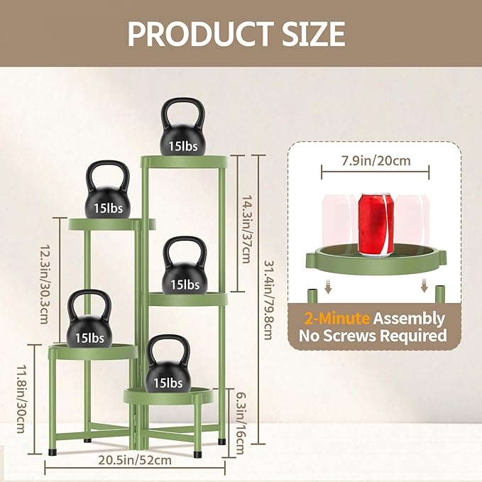 LASZOLA 5 Tiered Folding Plant Stand Indoor for Multiple Large Planter, Tall Heavy Duty Adjustable Rack with Rust Proof Plastic Shelving, Sturdy Vertical Tree Organizer for Narrow Inside Floor, Green LASZOLA
