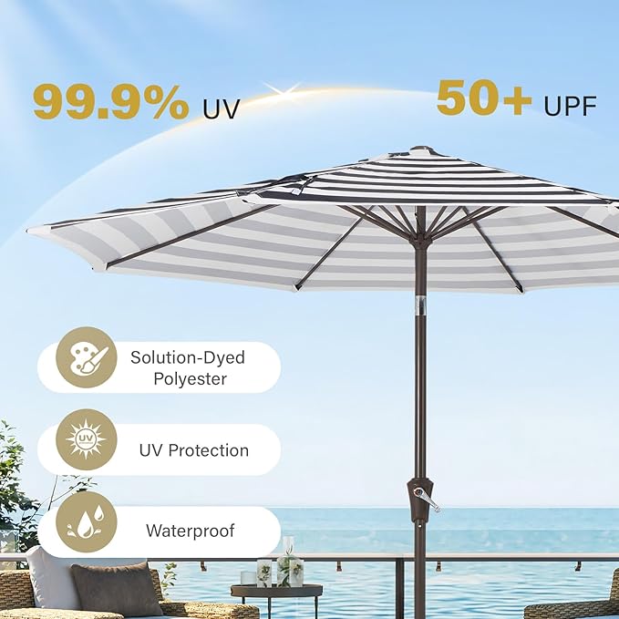 MEWAY 9ft Patio Umbrella Outdoor Table Umbrellas with Push Button Tilt and Crank, Market Umbrella 8 Sturdy Ribs for Deck, Garden, Pool and Backyard, Black-white-striped MEWAY
