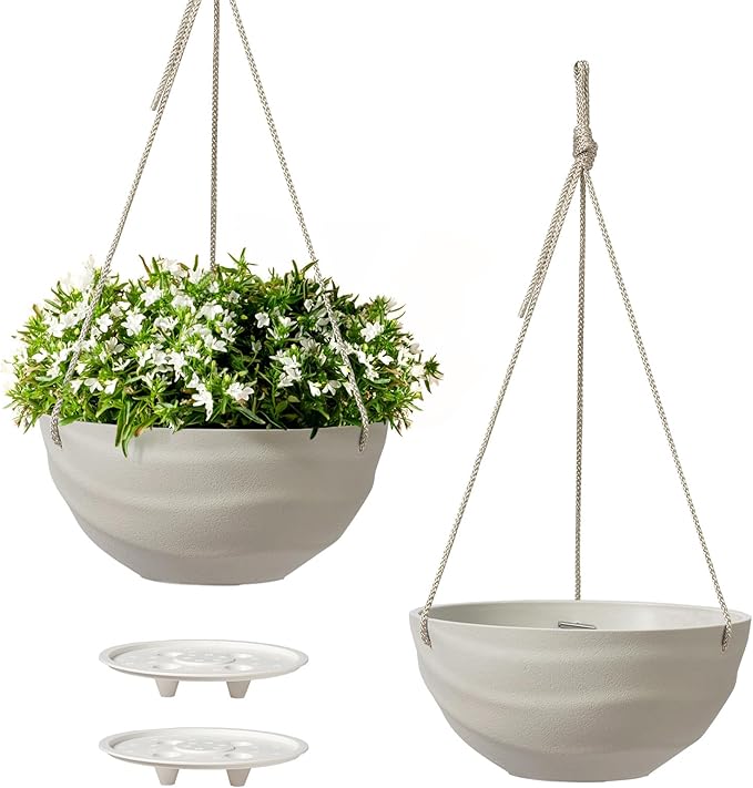 La Jolie Maison 10 Inch Hanging Planters for Indoor Plants, Outdoor Garden Planter Pots with Self-Watering Tray, Oatmeal, Set of 2 LaJolieMaison