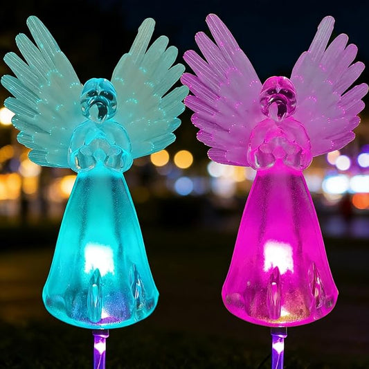 2 Pack Solar Angel Lights Outdoor Decor, Decorative Color Changing Waterproof LED Angel Stake Lights for Cemetery Grave Garden Patio Yard Art Lawn Decoration, Grave Markers, Memorial Gifts XKYQSY