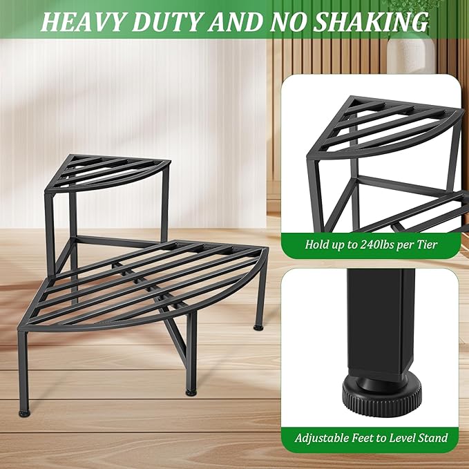 Corner Plant Stand Outdoor Metal,2 Tier Heavy Duty Ladder Plant Shelf Indoor for Multiple Plants,37.08" L x 22.83" W x 20.07" H,Black Dipion