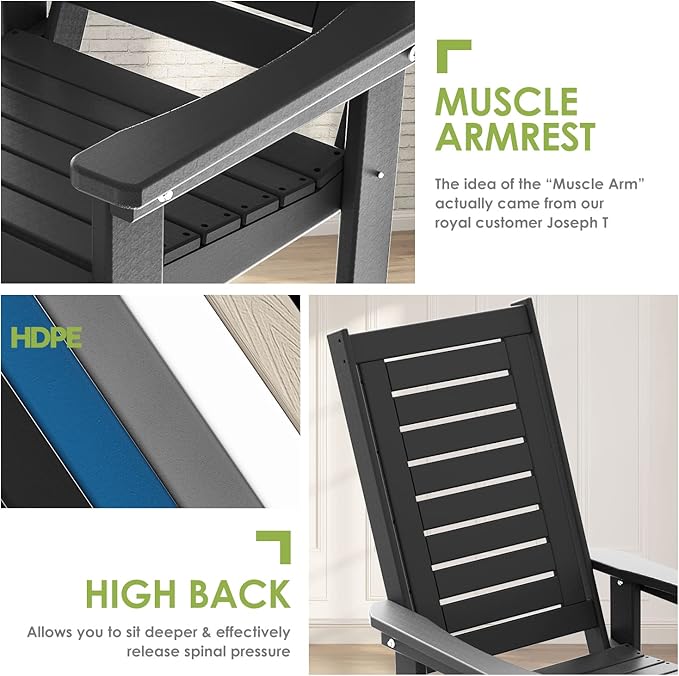 GREENVINES Outdoor Rocking Chairs | Set of 4 | Porch Rocker | HDPE Plastic | Black | Oversized Rockers | High Back | Big & Tall | Ladder Back | for Patio Outside Backyard Balcony Garden GreenVines