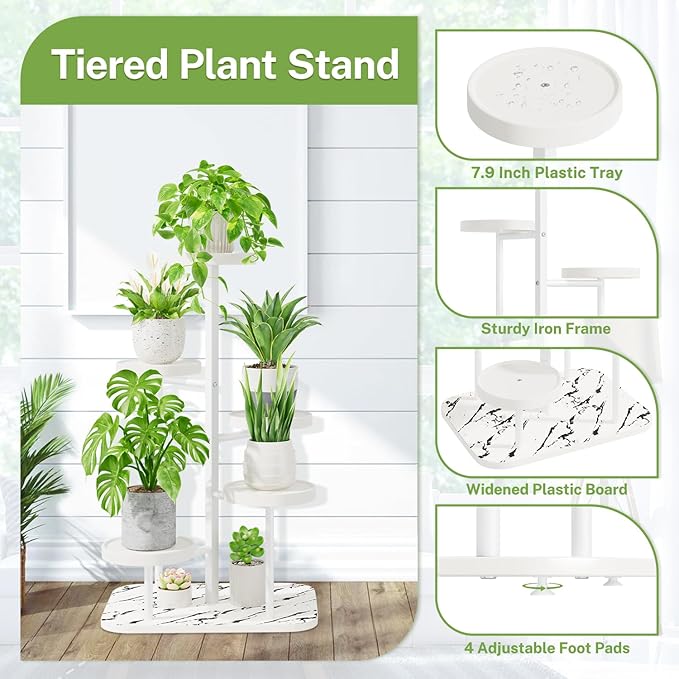 iDavosic.ly 5 Tier Plant Stand Indoor Outdoor, Tiered Corner Plant Stands for Multiple Plants, Metal Plastic Tall Plant Display Holder Flower Shelf for Patio Living Room Garden Balcony Bedroom, White iDavosicly