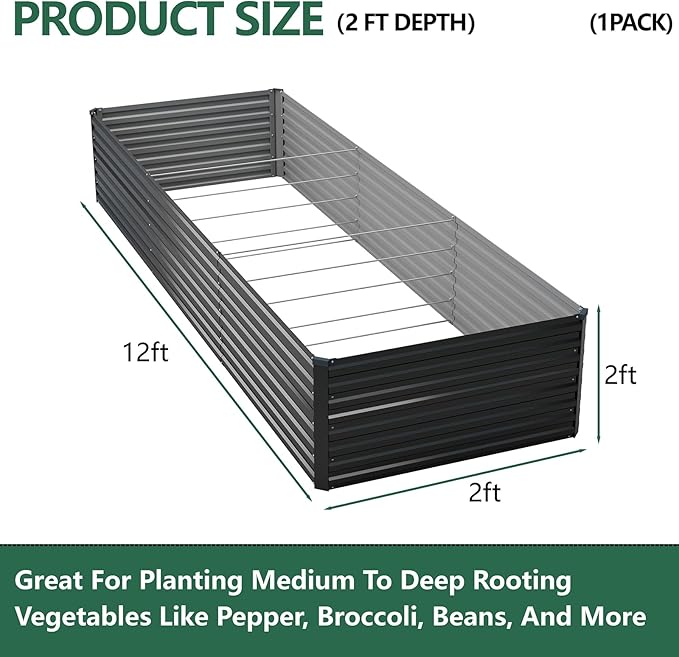 Vengarus 12x2x2FT Galvanized Raised Garden Bed Kit, Large Rectangle Elevated Planter for Vegetables, Flowers, Herbs and Succulents - 359 Gallon Capacity,Black Vengarus