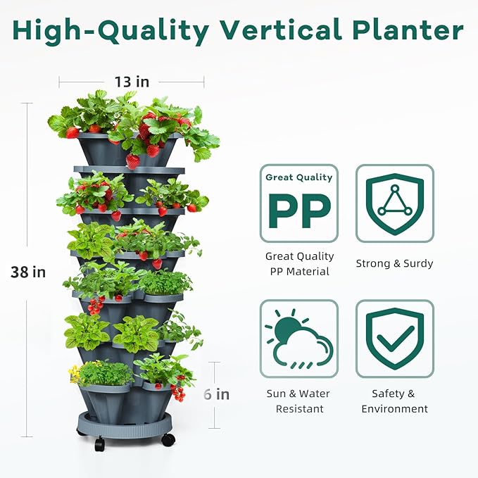 7 Tiered Strawberry Vertical Planter 2 Pack, Stackable Tower Garden Planter Herb Garden Planter with Movable Casters and Bottom Saucer Indoor and Outdoor - Dark Grey Tectsia