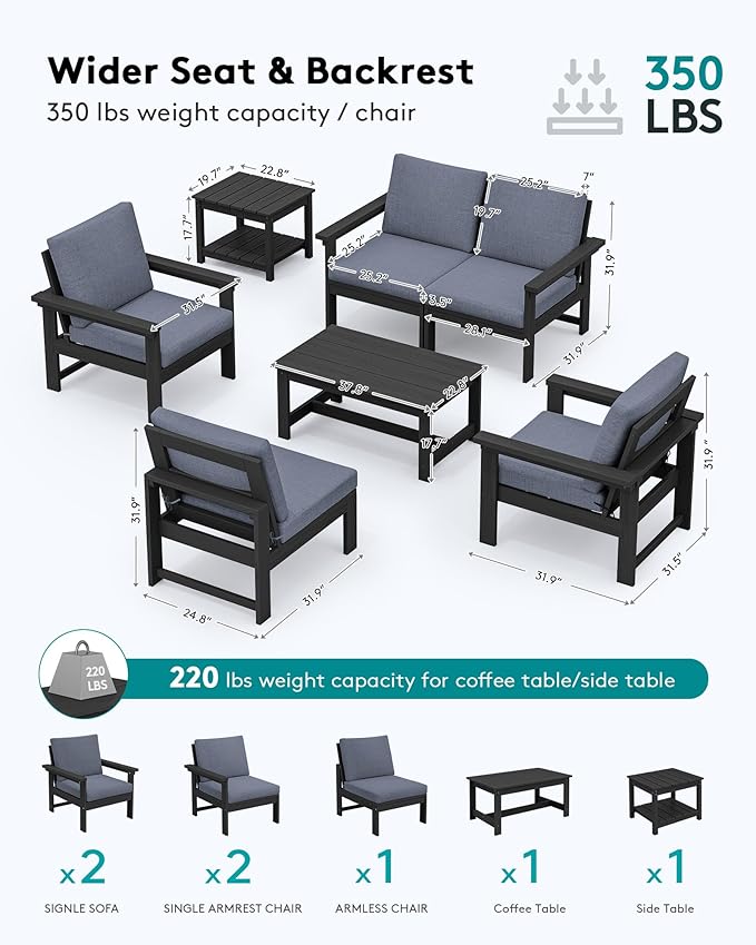 SERWALL HDPE Patio Furniture Set, 7-piece Outdoor Sectional Sofa Set, All Weather Outdoor Couch Set for Deck, Lawn, Black Frame with Grey Cushion SERWALL
