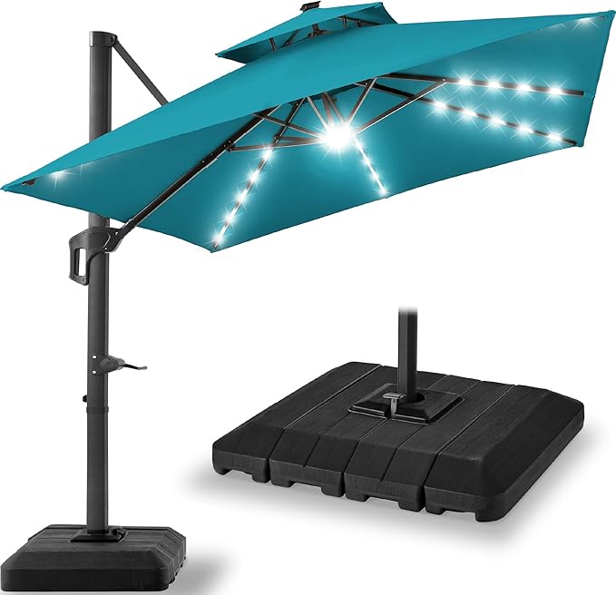 Best Choice Products 9x12ft LED Cantilever Patio Umbrella w/Base Included & 360° Rotation, Large Solar Offset Hanging Outdoor Sun Shade for Deck, Backyard Table w/Stand & Lights – Cerulean BestChoiceProducts