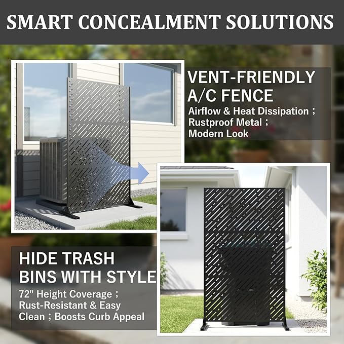 Metal Privacy Screen Outdoor 72x44in (6FT) – Rustproof Steel Decorative Fence Panel, Weatherproof Garden Divider for Patio, Backyard & Balcony, Metal Panels for AC Unit or Trash Bin Enclosure Rootora