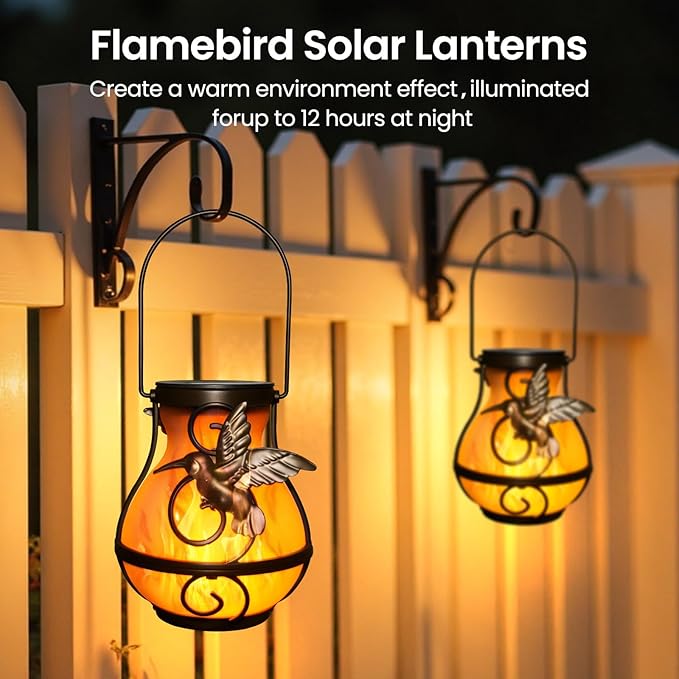2 Pack Solar Lanterns Outdoor Waterproof, Hanging Hummingbird Flickering Flame Light Garden Decor Hanging Lights Decorative for Outside Patio Pathway Yard Christmas Birthday Gifts Rootora