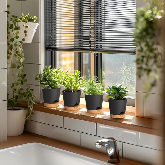 4 inch Self Watering Pots for Indoor Outdoor Plants, 6 Pack Plastic Flower Planters with Drainage Holes and Removable Saucers, Plant Pots with Wicking Rope, Modern Decor, Black Brown WSMKSZ