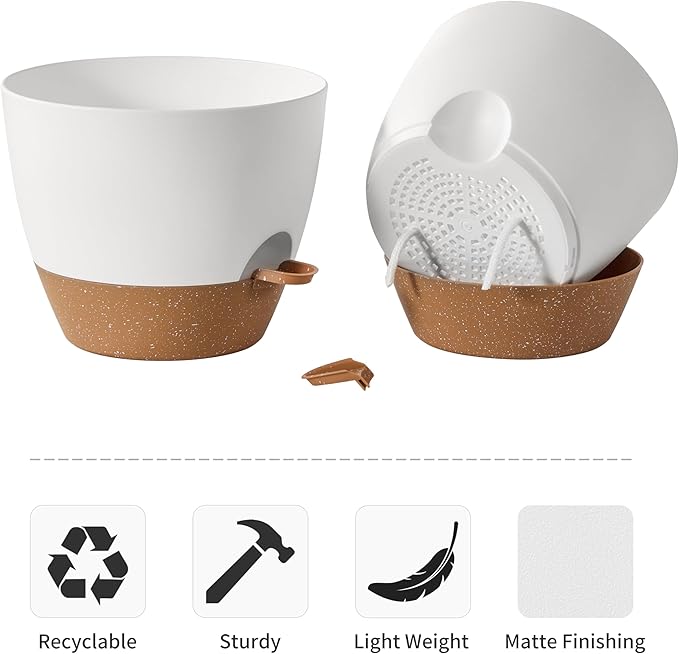 FaithLand 3-Pack Large Planter Pots, 12 10 9 Inch Self Watering Flower Pots for Indoor Outdoor Garden Plants, White with Brown FaithLand