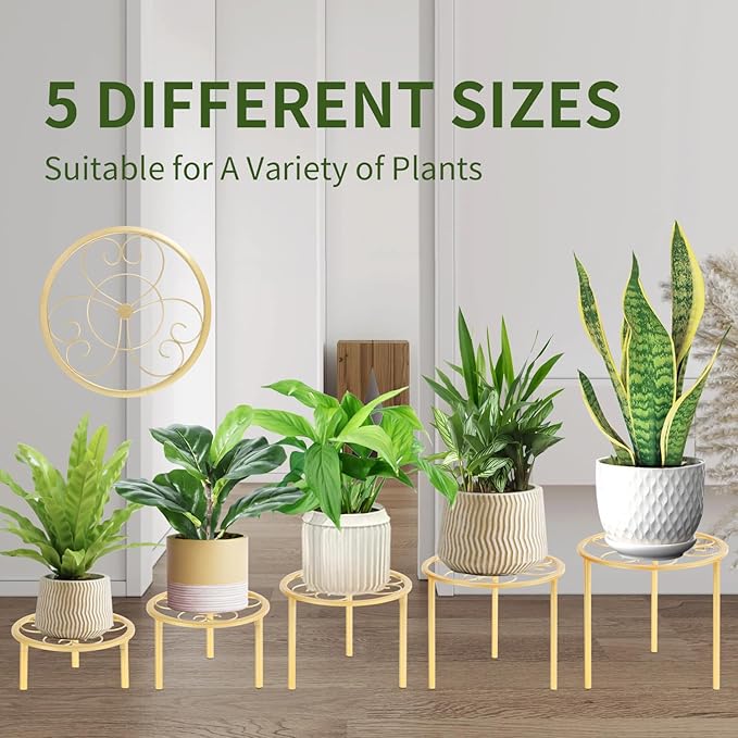 5-piece set of metal plant potted flower racks, heavy-duty flower pot plant racks of different sizes, iron flower racks, suitable for indoor and outdoor home decoration (Black) (5, Gold) mekpiwu
