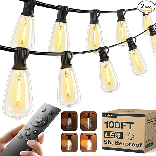 addlon 100FT LED Outdoor String Lights with Remote Waterproof Patio Lights with Shatterproof ST38 Replaceable Bulbs, Dimmable Outside Hanging Light Connectable for Porch, Backyard, 2200K addlon